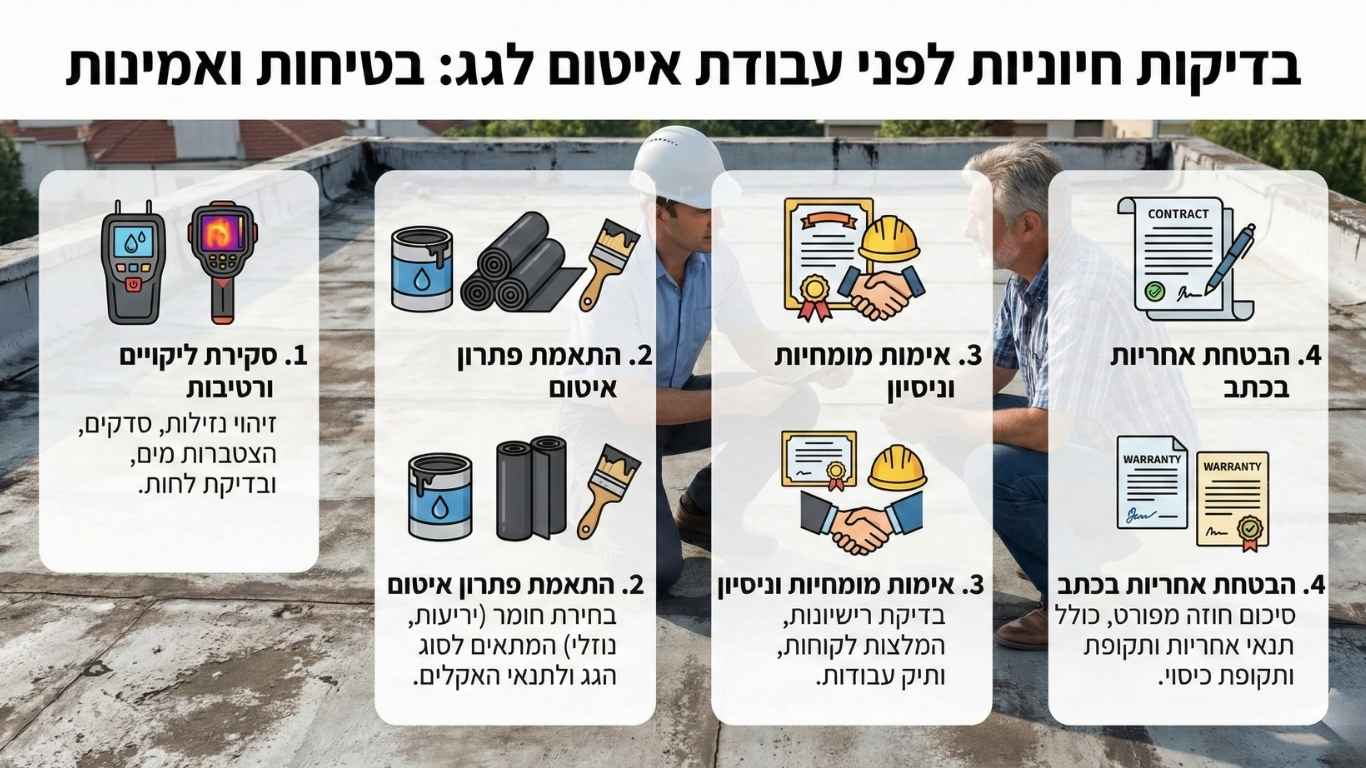 בדיקות חשובות לפני בחירת עבודת איטום לגג