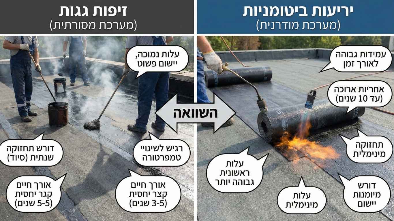 השוואה בין זיפות גגות ליריעות ביטומניות השוואה בין זיפות גגות ליריעות ביטומניות